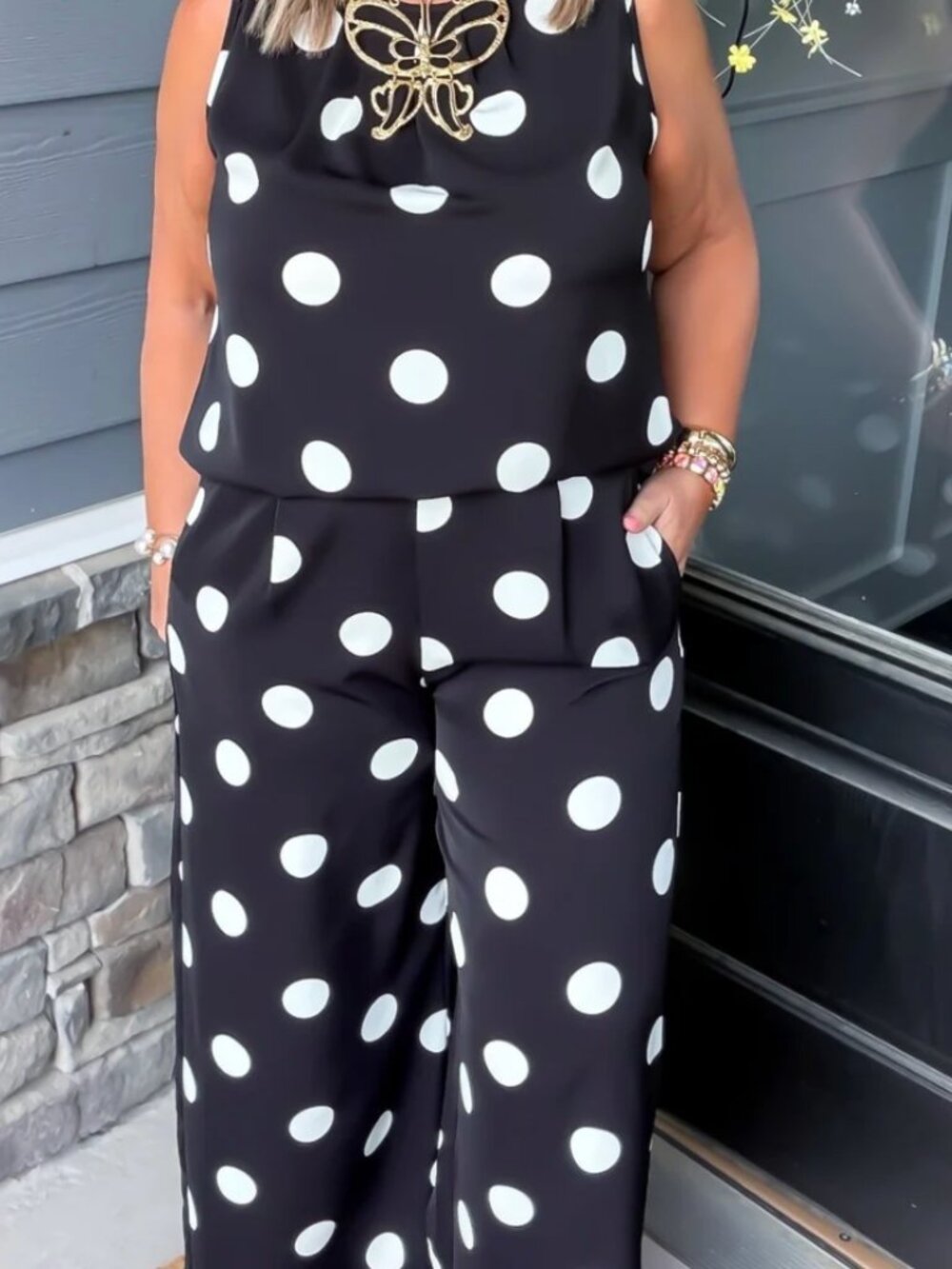 Black & White Polka Dot Set | Sleeveless Top + Wide‑Leg Pants | Chic Boutique